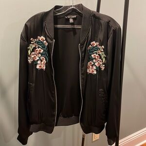 Aqua satin bomber jacket with embroidered flowers